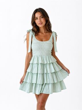 MADIDA CLOTHING  Smocked Tiered Mini Dress with Tie Straps - Sage Green